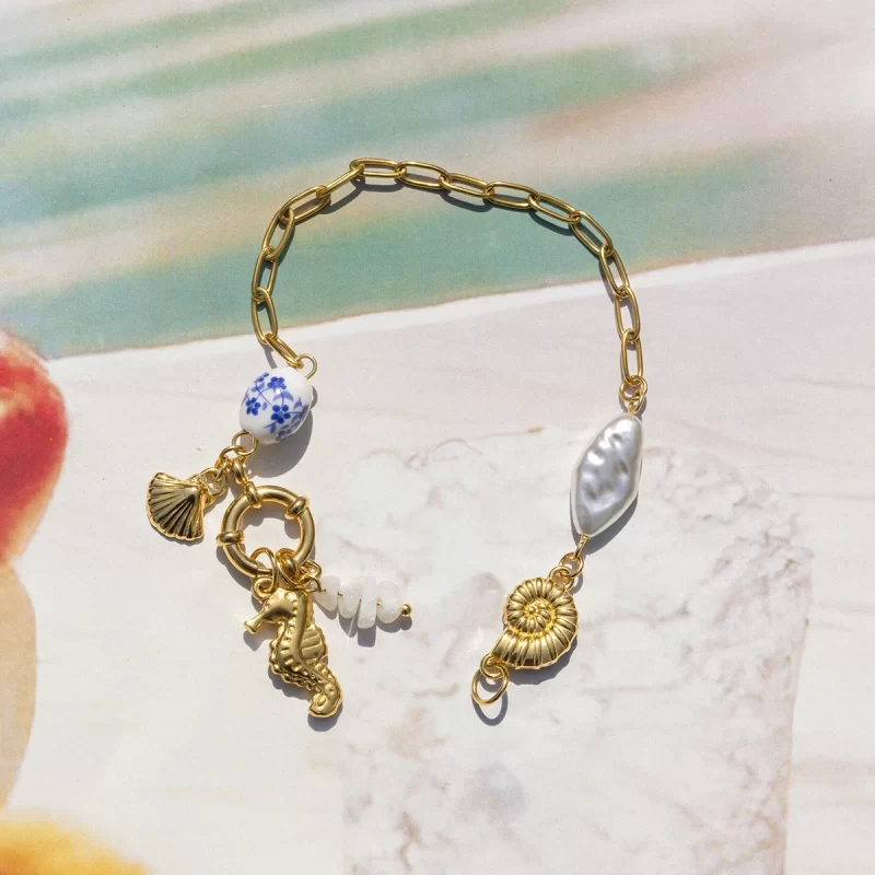 J&D Summer 18K Gold Stainless Steel Ceramic Pearl Conch Seahorse Shell Charms Sailor Buckle Bracelets - Image 5