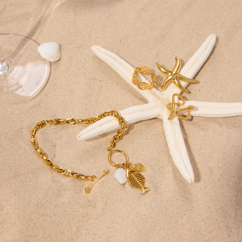 J&D Summer Holiday Style 18K Gold Stainless Steel Fishbone Conch Shell Pendant OT Buckle Bracelets - Image 4