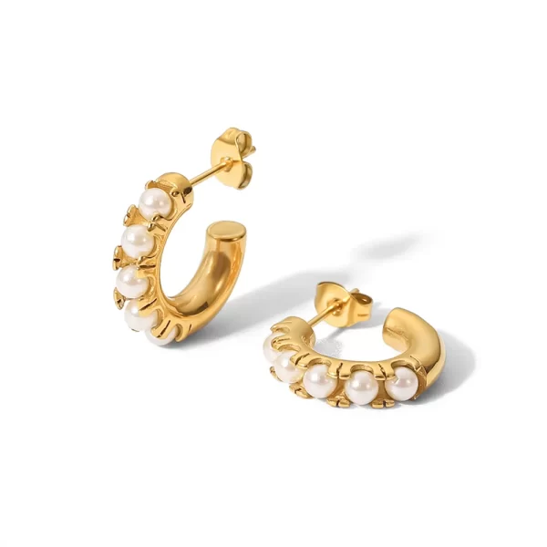 18k Gold Plated Stainless Steel Special-shaped Hammer Pearl Zircon CC Shaped Earrings