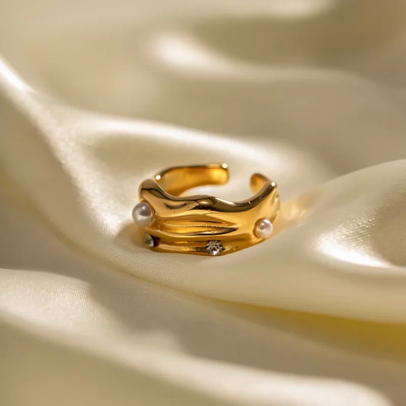 Geometric Pearl Zirconia Inlaid Opening Finger Rings 18k Gold Plated Stainless Steel Muti Layer Rings - Image 3
