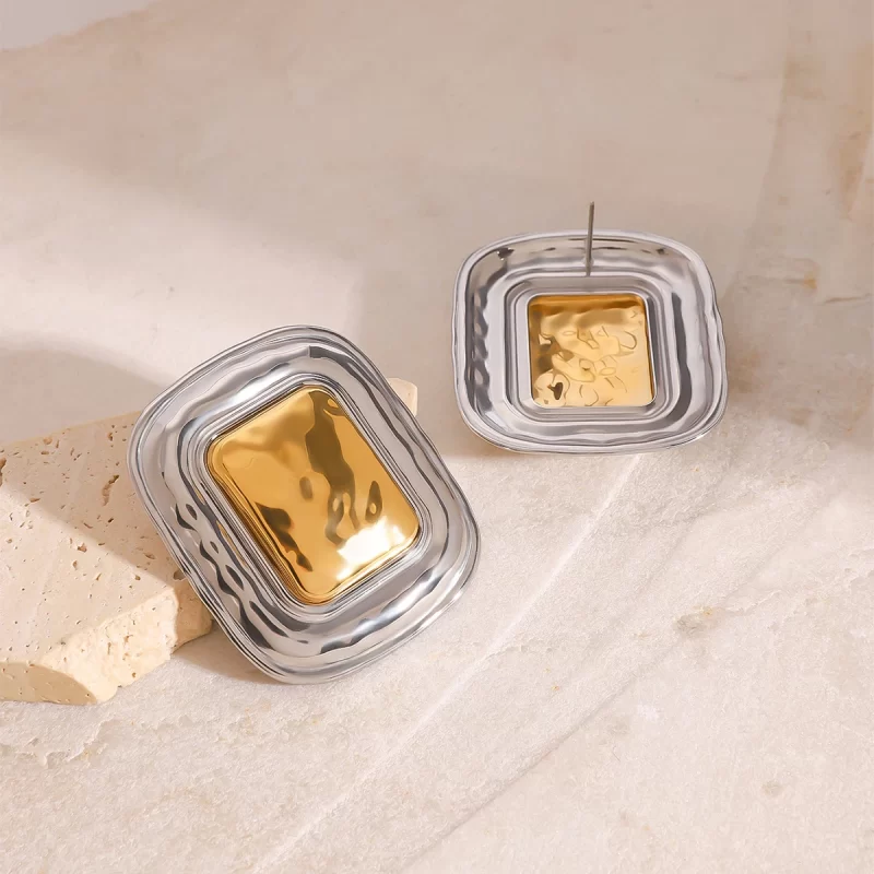 18k Gold Stainless Steel Hammered Square Hoop Earrings - Image 5