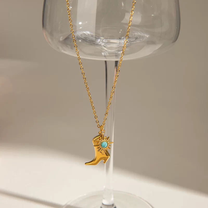 18k gold stainless steel + turquoise/turquoise star inlaid + patterned boot pendant necklace 42+5cm - Image 3