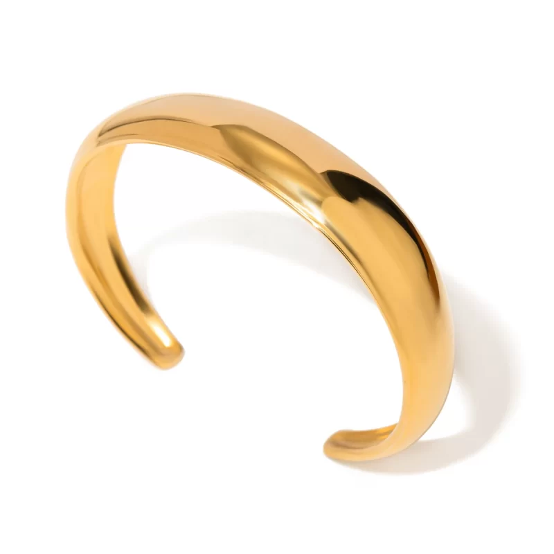 J&D 18k Gold Stainless Steel Open Bangle Bracelet Trendy Minimalist Accessory with Polished Convex Surface