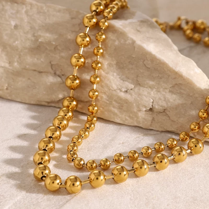 J&D 18K Gold Stainless Steel Beaded Double Layer Necklace Adjustable 38 41cm - Image 4