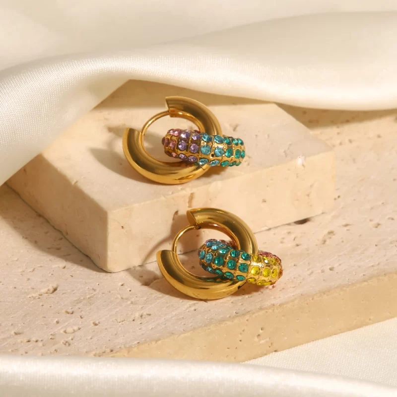 Waterproof 18k Gold Plated Stainless Steel Jewelry Gift Colorful Cubic Zirconia Hoop Earrings for Women - Image 3