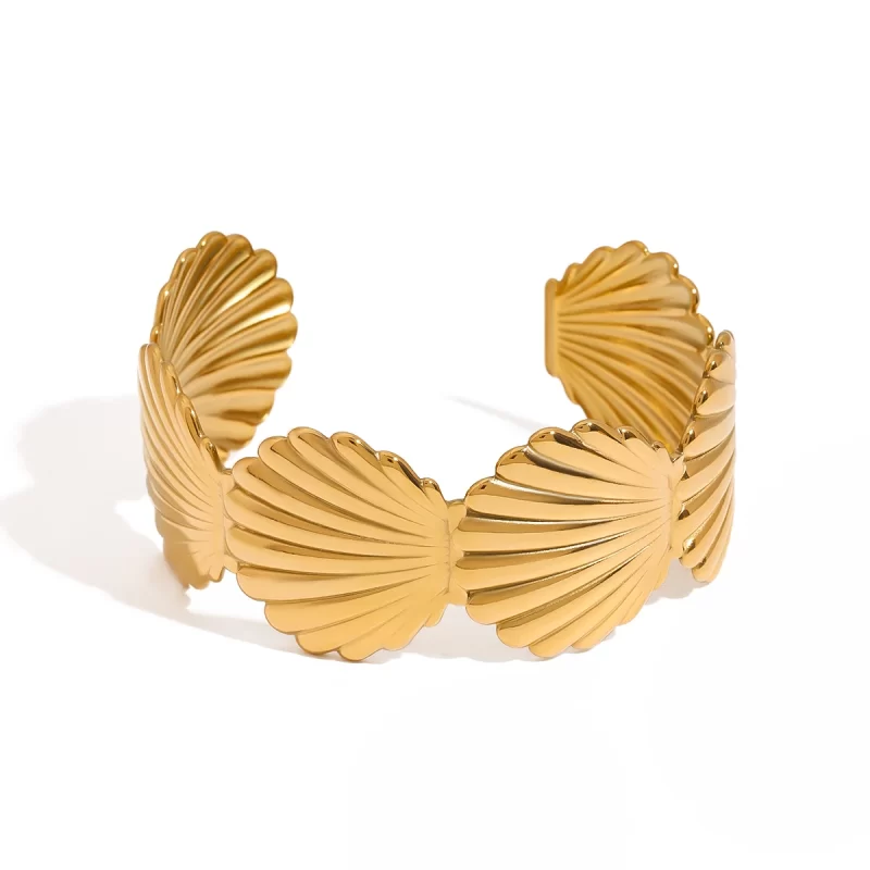 J&D High-Grade Stainless Steel Ribbed Shell Open Bracelet Resort Style 18K Gold Waterproof Design Fashionable Bangles