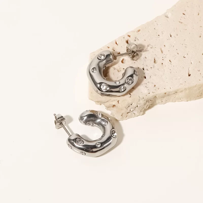 Stainless Steel Special-shaped Hammer Pearl Zircon CC Shaped Earrings - Image 3
