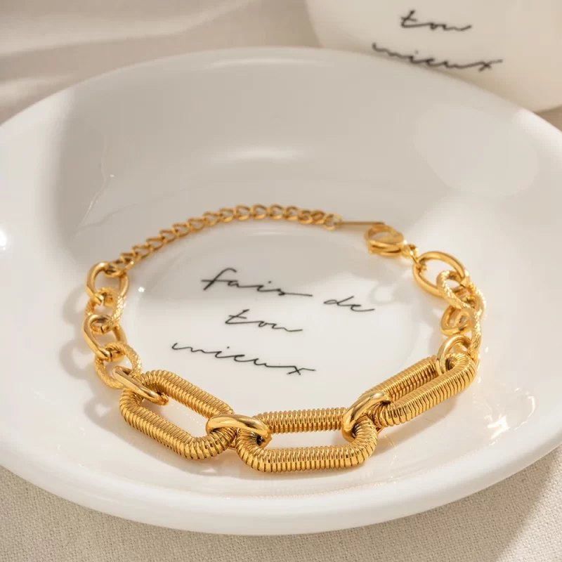 Paper Clip Chain Bracelet 18k PVD Gold Plated Stainless Steel Texture Punk Chain Stitching Bracelet for Women - Image 5