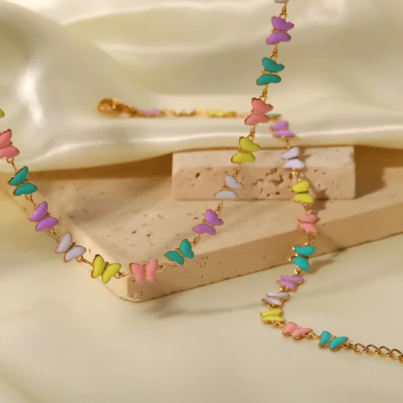 18k Gold Stainless Steel Dripping Oil Jewelry Colorful Enamel Butterfly Choker Necklace for Women