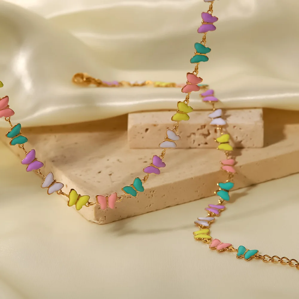 18k Gold Stainless Steel Dripping Oil Jewelry Colorful Enamel Butterfly Choker Necklace for Women