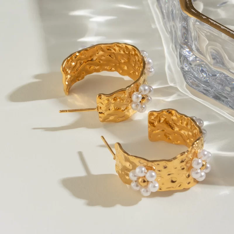 18k Stainless Steel Real Gold IP Plated Hammered Texture Flower C Shape Earrings Unique Style - Image 3