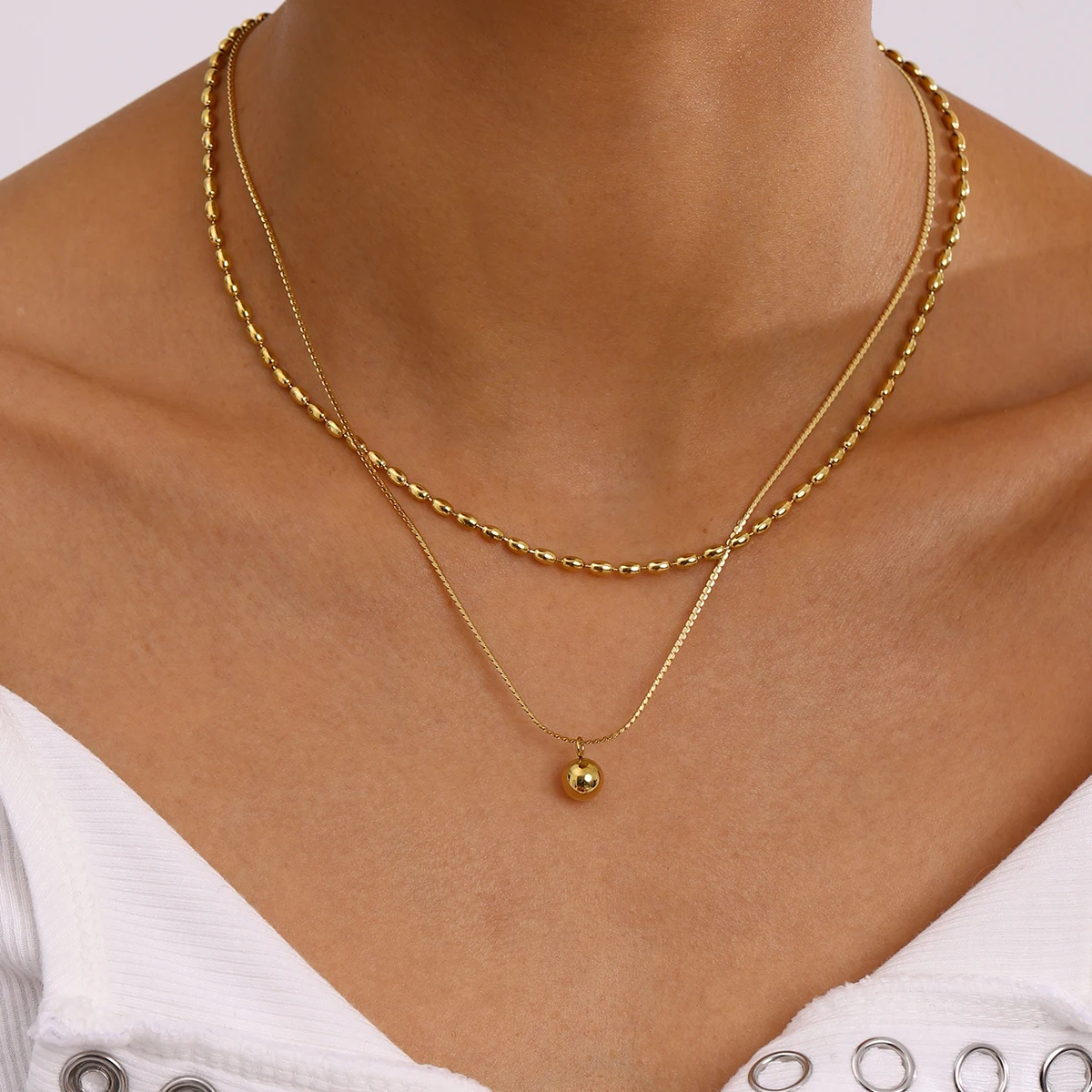 18k gold stainless steel/smooth small steel ball pendant rice ball chain double-layer necklace 40/45+5cm