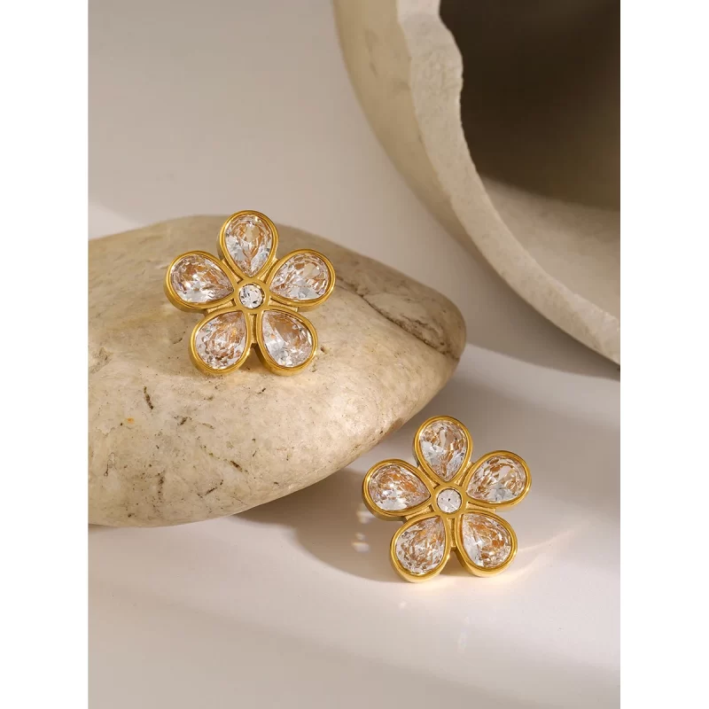 Stainless Steel Earring Women Earring Daisy Flower Fashion Jewelry Stud Post CZ 18K Gold Crystal Stone Flower Shape Stud - Image 3