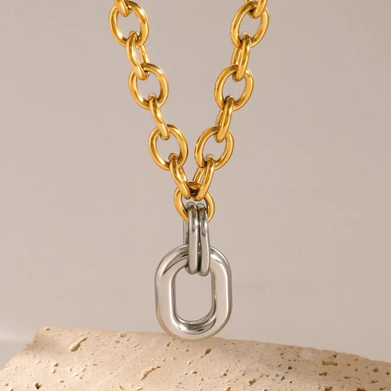 J&D 18k Gold Stainless Steel Gold and Silver Color Block Oval Polished Hollow Circle Necklaces - Image 4
