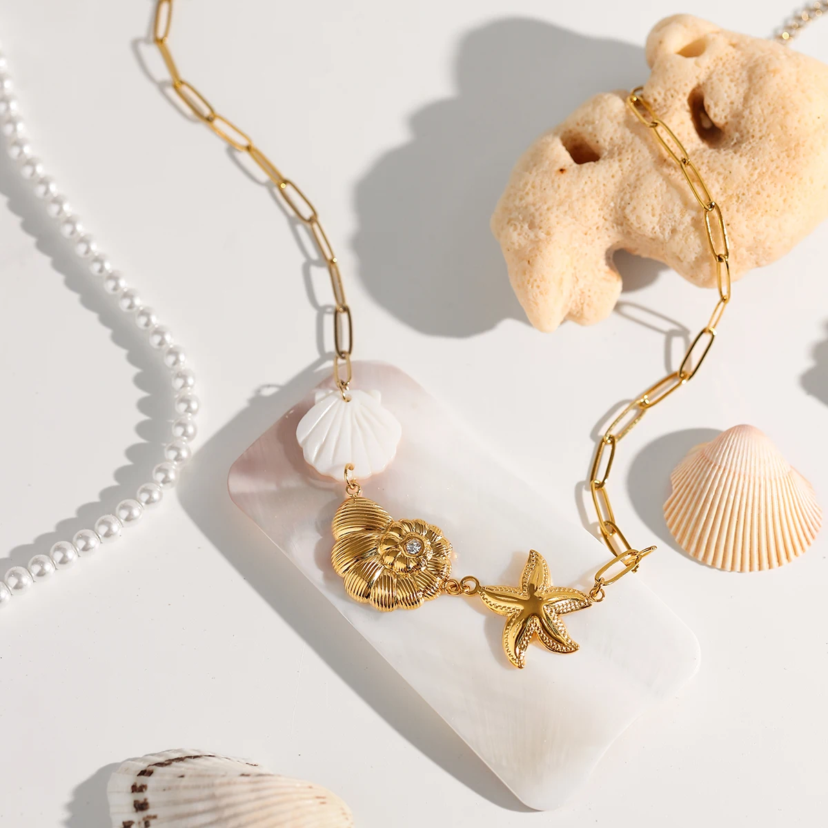 J&D Ocean 18K Gold Plated Stainless Steel Charm Necklace Shell Snail Starfish Vacation Jewelry