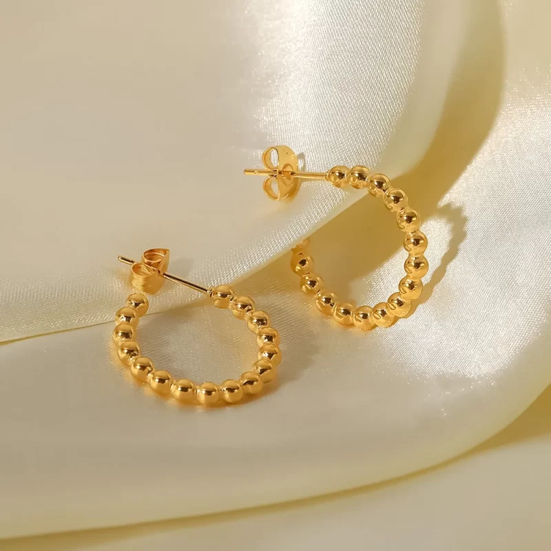Small Round Beads Gold Plated C-shaped Earrings Stainless Steel Jewelry Stud Earrings for Gift - Image 3
