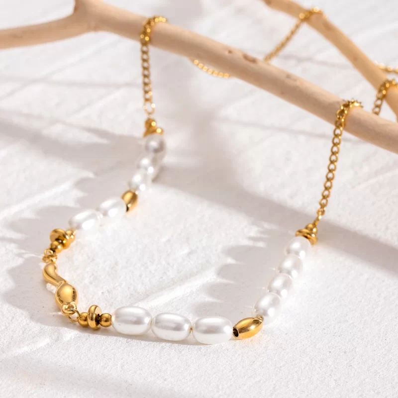 18K Gold Stainless Steel Glass Pearl Oval Pearl Smooth 45+5cm Wave Straight Women Necklace - Image 3