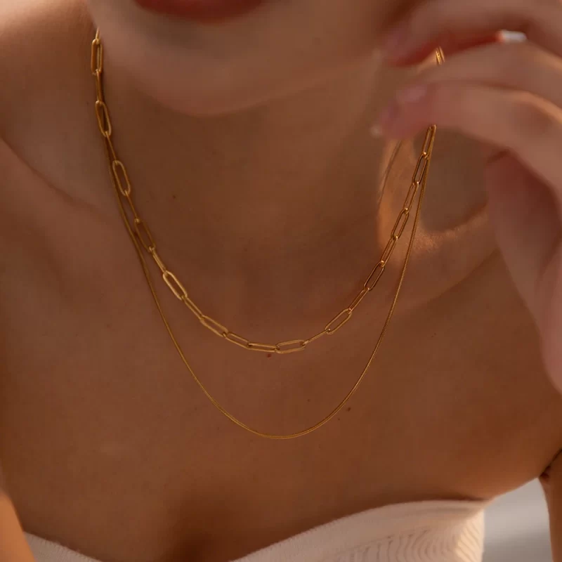 J&D Fashion Waterproof 18K Gold Stainless Steel Jewelry Gift Double Layer Mulit Link Chain Choker Simple Necklace for Women - Image 2