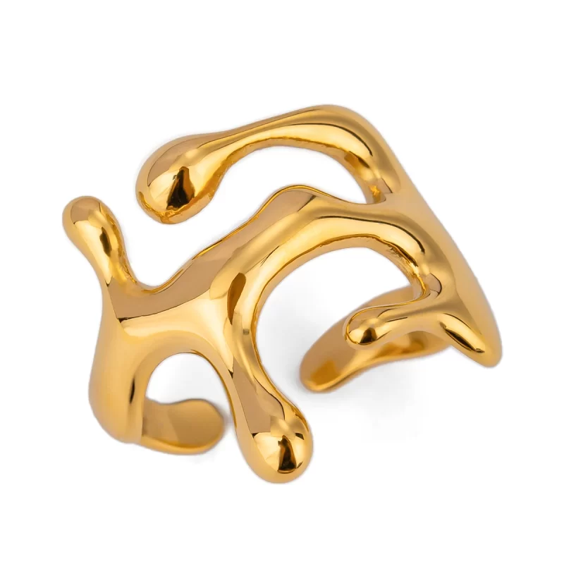 J&D 18K PVD Gold Plated Stainless Steel Liquid Drop OpenTarnish-Free Waterproof Ring Jewelry for Women