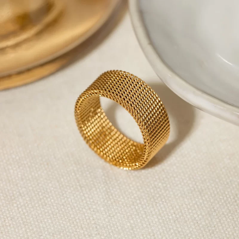 New Arrival Wide Band Stainless Steel 18k Gold Open Spaced Simple Lattice Woven Zip Chain Enamel Rings - Image 2