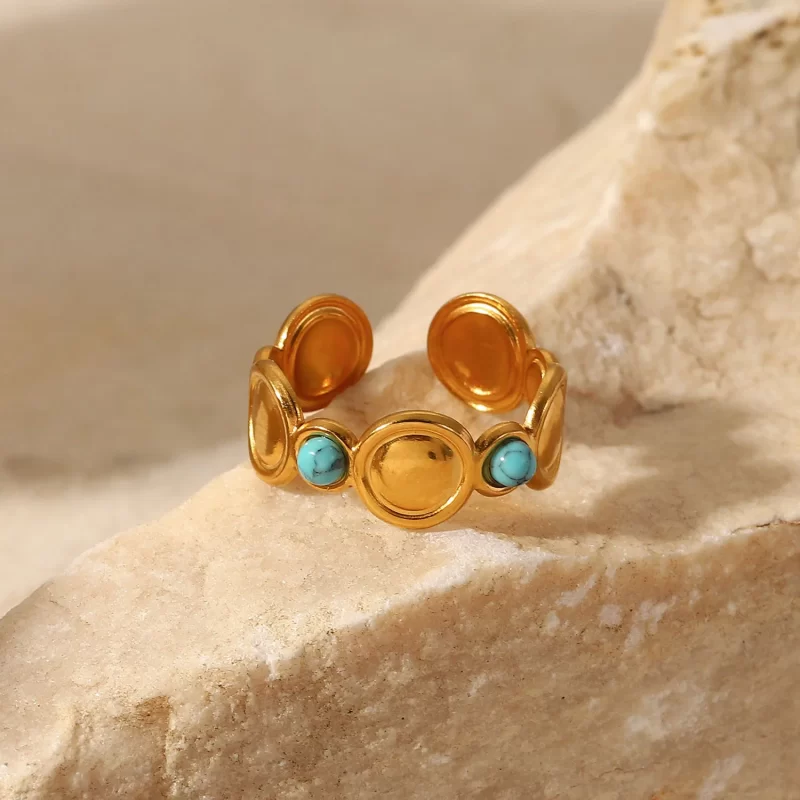 Natural Turquoise Stone Stainless Steel Ring Summer Bohemia Woman Trendy Cheap Open Finger Ring Accessory - Image 2