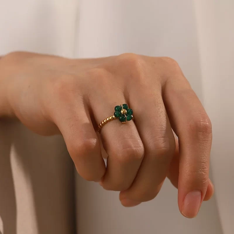 Green Sunflower Natural Stone18K Gold Plated Stainless Steel Adjustable Rings Dainty Fashion Jewelry Rings - Image 2