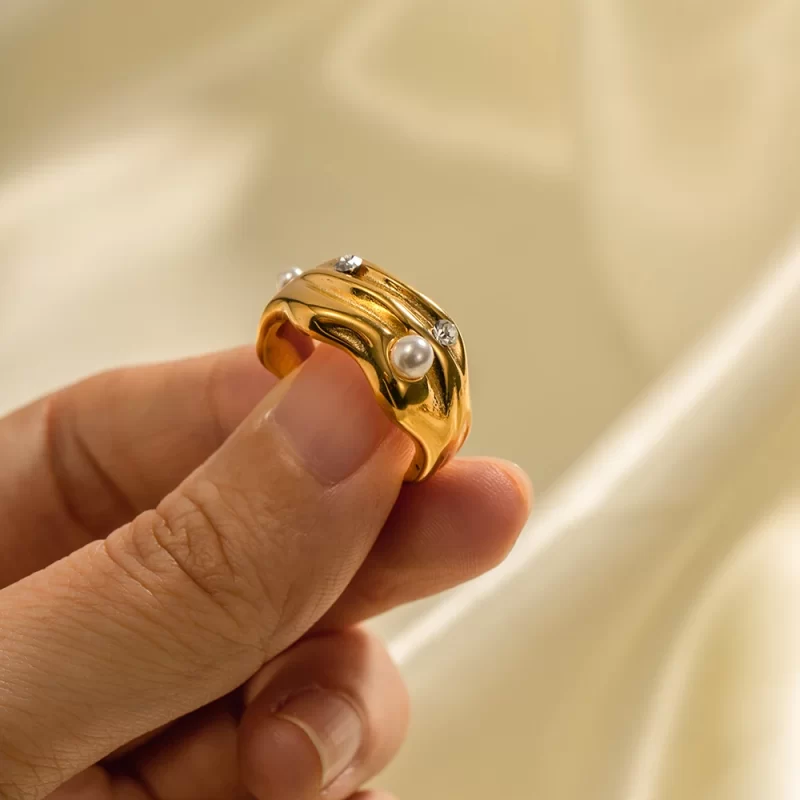 Geometric Pearl Zirconia Inlaid Opening Finger Rings 18k Gold Plated Stainless Steel Muti Layer Rings - Image 2