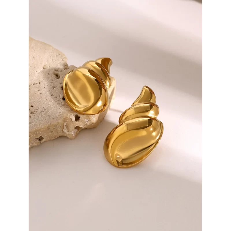18K Gold Stainless Steel 3D Polished Conch Shell Stud Earrings Left Right Pair with Zircon Trendy Geometric Design - Image 3