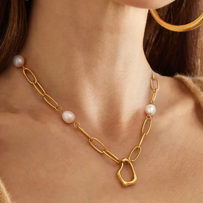 J&D Dainty 18k Gold Stainless Steel Freshwater Pearl Irregular Pendant Necklaces Bracelets Set - Image 5