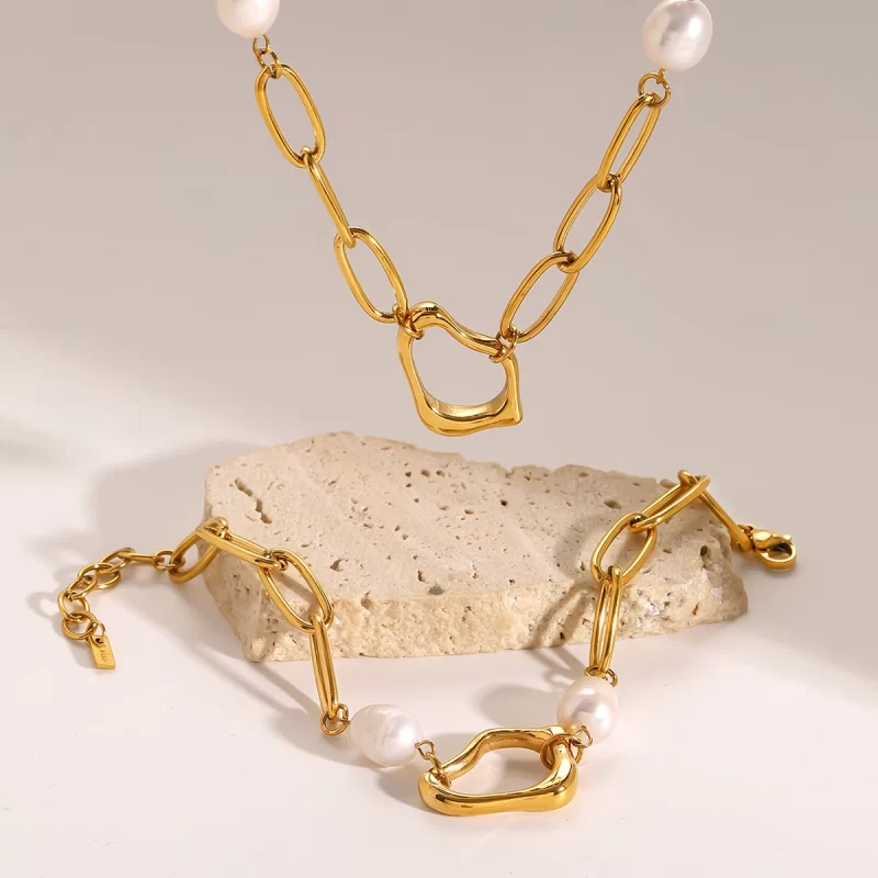 J&D Dainty 18k Gold Stainless Steel Freshwater Pearl Irregular Pendant Necklaces Bracelets Set - Image 3