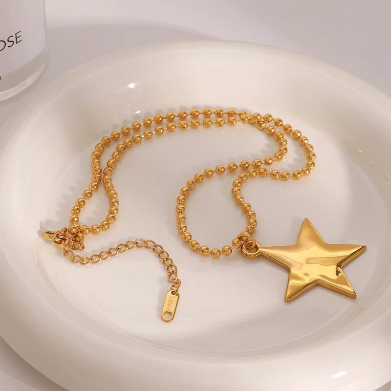 J&D Glossy Fashion Statement Jewelry 18K Gold Stainless Steel Five-Pointed Star Pendant Beaded Necklace - Image 4