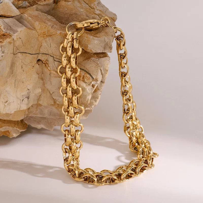 J&D 18k Gold Stainless Steel Heavy-Duty Woven Chain Bracelet Waterproof 207mm Durable - Image 4