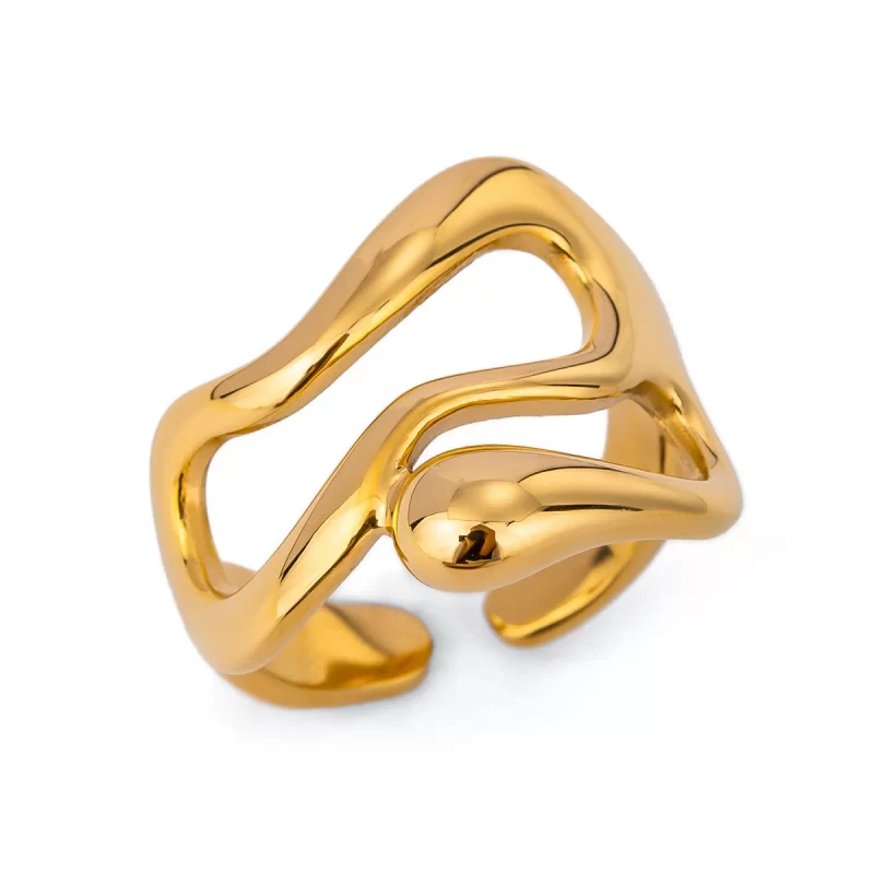 J&D 18K PVD Gold Plated Stainless Steel Liquid Drop OpenTarnish-Free Waterproof Ring Jewelry for Women
