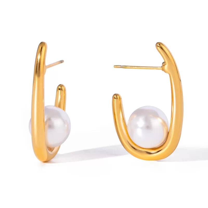 18k Gold Stainless Steel Jewelry Imitation Shell Pearl U-Shaped Earrings