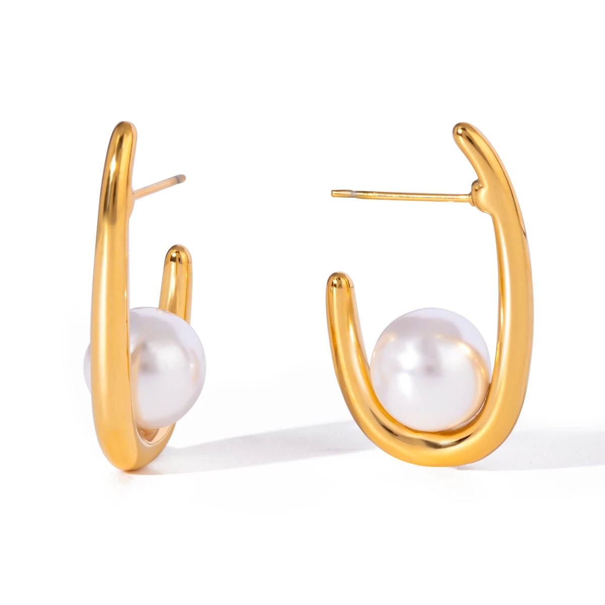 18k Gold Stainless Steel Jewelry Imitation Shell Pearl U-Shaped Earrings