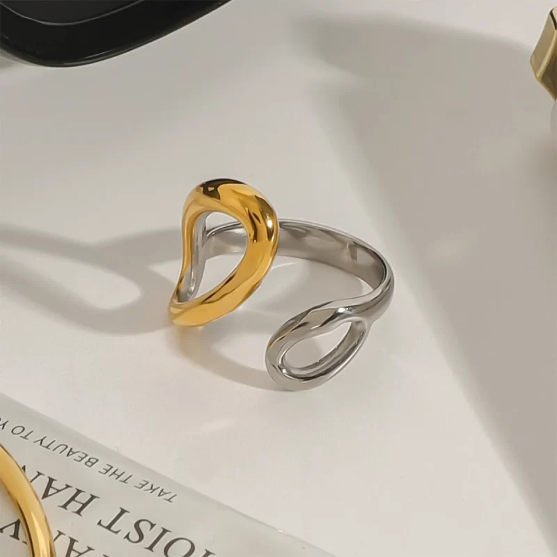 J&D Modern Minimalist Adjustable Hollow Open Ring 18K Gold Stainless Steel Two-Tone Color Jewelry - Image 4