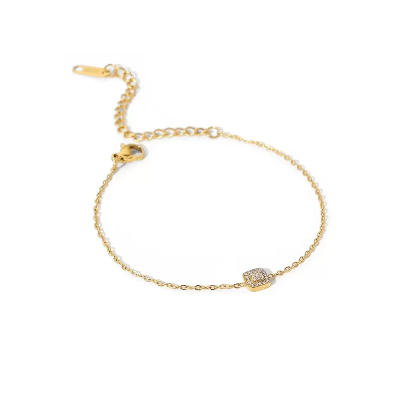 Thin Chain Charm18K Gold Plated Stainless Steel Square Pendant Cubic Zirconia Bracelet Women