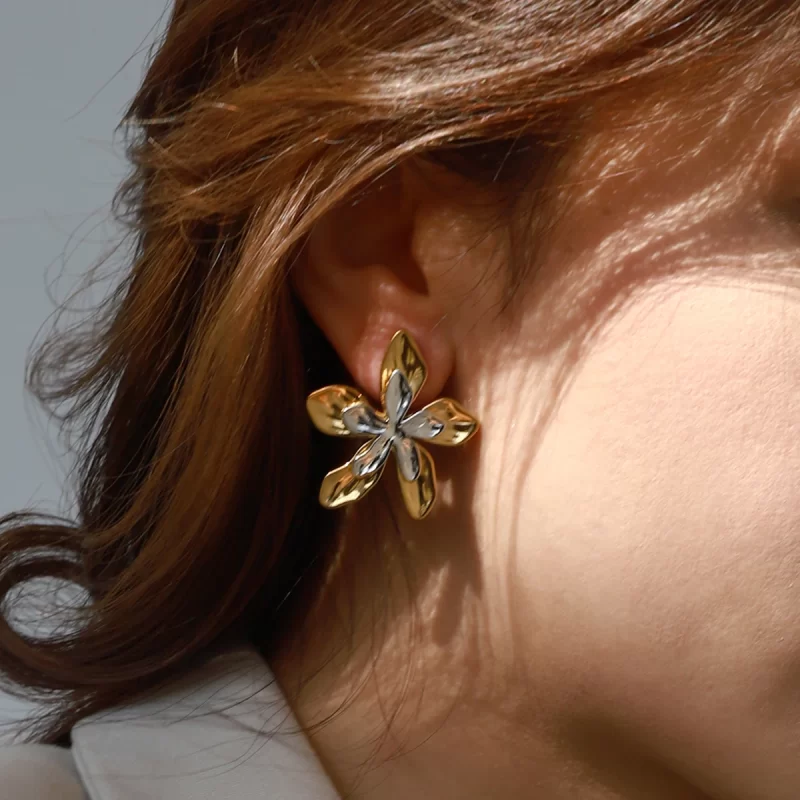 Designer Exquisite Stainless Steel Jewelry 18K Gold Two Tone Hammered Flower and Leaf Earrings - Image 2