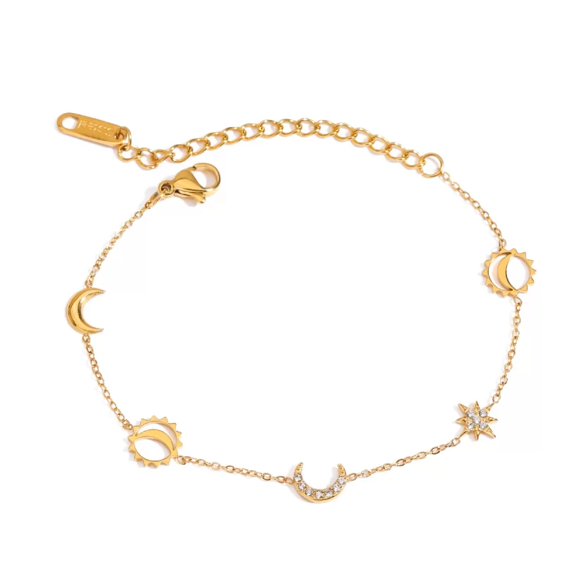 J&D Trendy Moon Star Stainless Steel Bracelet Geometric Rhinestone Dainty Fashion Chain Jewelry