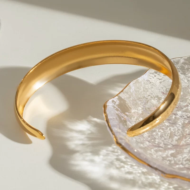 J&D 18k Gold Stainless Steel Open Bangle Bracelet Trendy Minimalist Accessory with Polished Convex Surface - Image 5