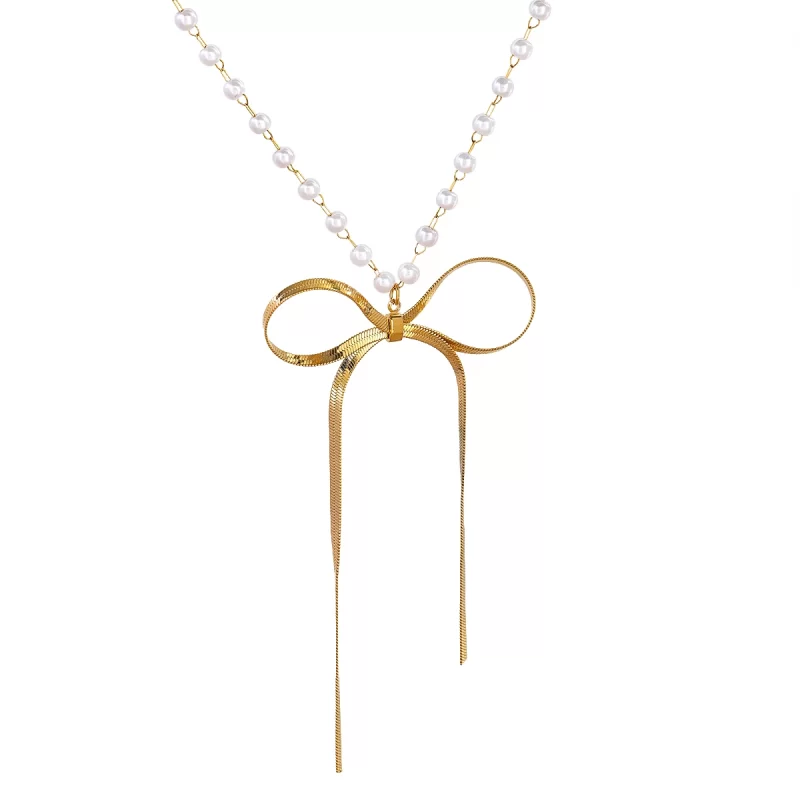 J&D Jewelry 18K PVD Gold Plated Stainless Steel Rosary Pearl Necklace Bow Pendant Necklace for Women - Image 2