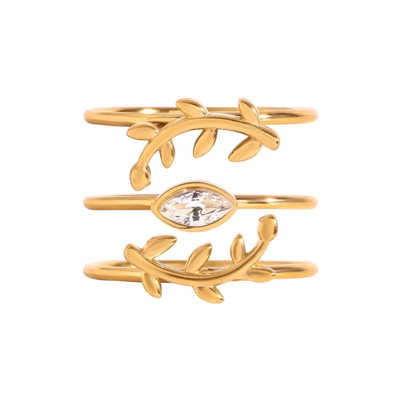 J&D 18K Gold Stainless Steel White Diamond Marquise Shaped Diamond and Leaf Eye Stackable Rings Set