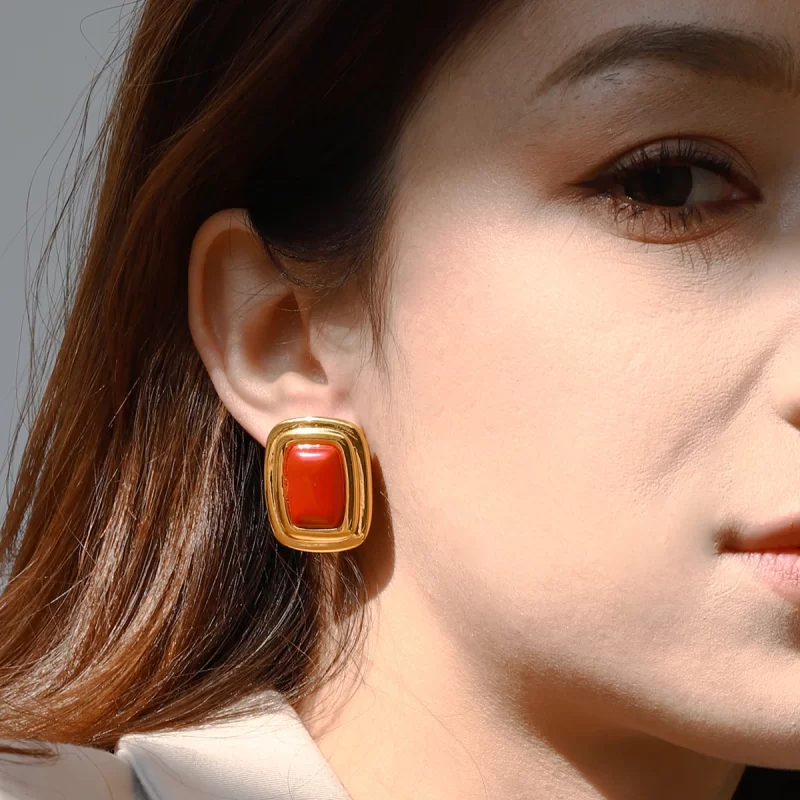 Women Style Retro Style 18K Gold Stainless Steel Red Agate Square Round Red Agate Earrings - Image 3