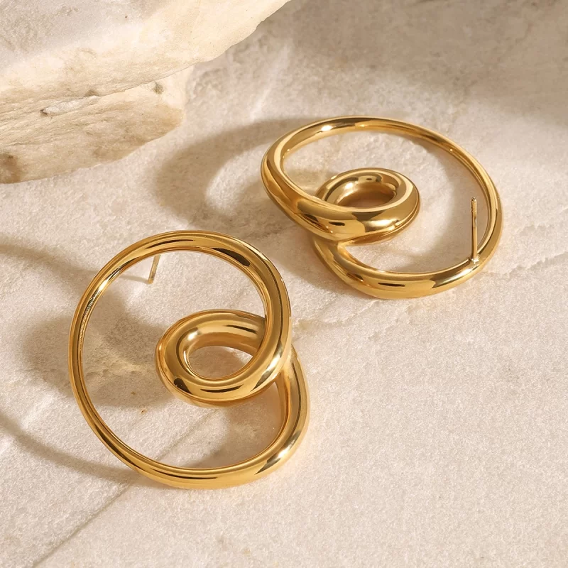 18K PVD Stainless Steel Gold Round Double Hollow Earrings - Image 3
