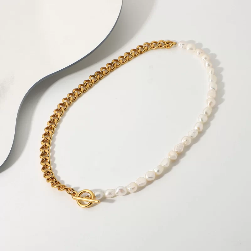 Casual Pearl Necklace OT Buckle Cuban Chain Necklace Stainless Steel Half Cuban Chain Half Freshwater Pearl Connected Necklace - Image 4