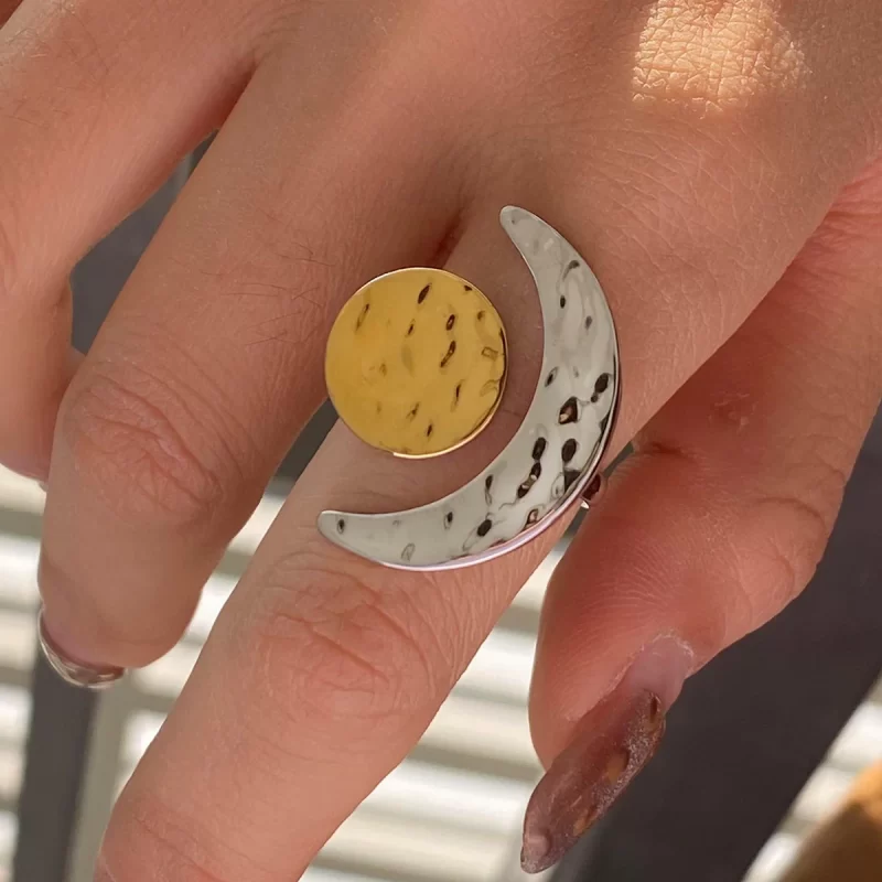 J&D Minimalist 18K Gold Stainless Steel Two Tone Color Hammered Moon Sun Adjustable Open Rings - Image 2