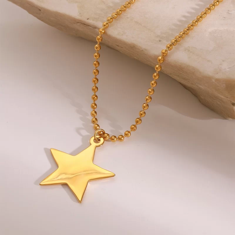 J&D Glossy Fashion Statement Jewelry 18K Gold Stainless Steel Five-Pointed Star Pendant Beaded Necklace - Image 2