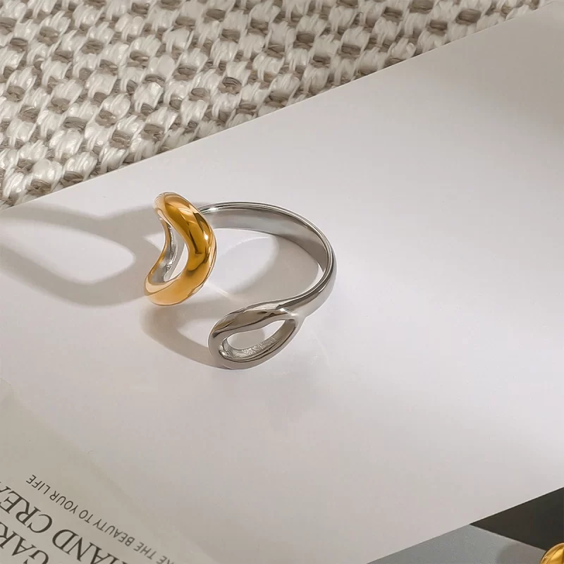 J&D Modern Minimalist Adjustable Hollow Open Ring 18K Gold Stainless Steel Two-Tone Color Jewelry - Image 5