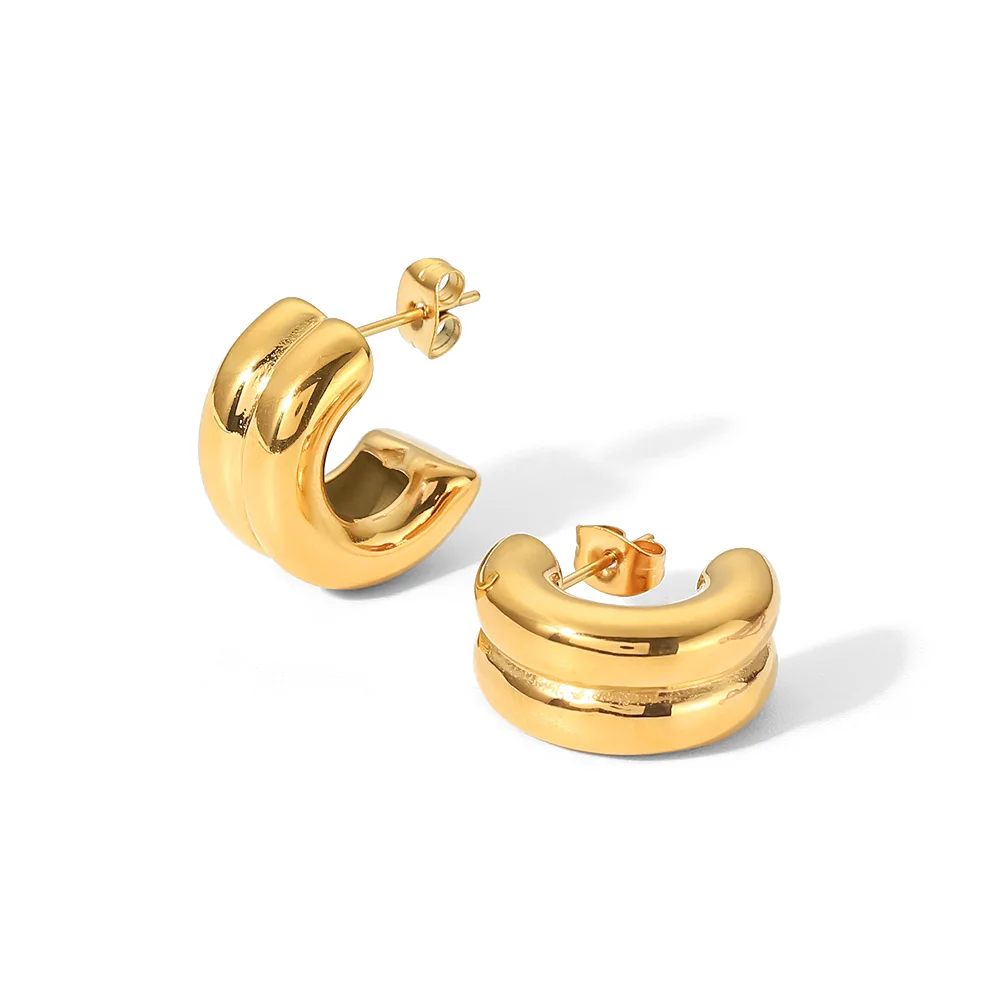18K Gold Plated Stainless Steel Jewelry Gift Double Layer CC Shaped Chunky Earrings