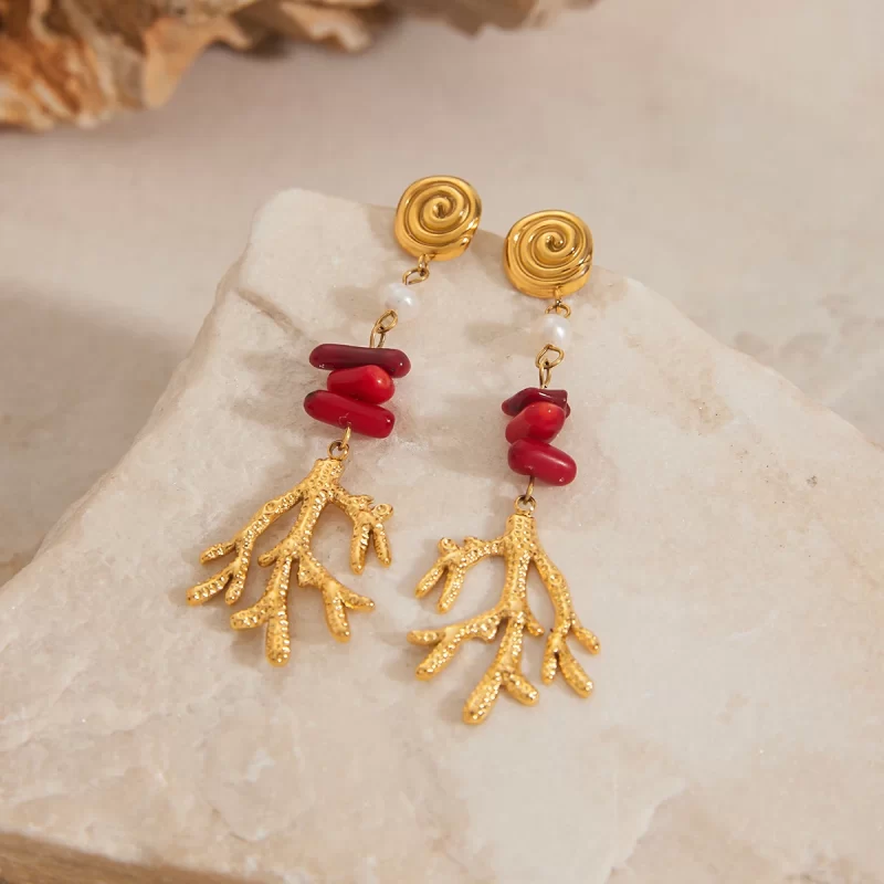 Ocear Style 18K Gold Stainless Steel Red Coral Red Agate Hammered Freshwater Pearl Long Earrings - Image 3